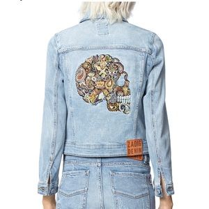 EUC Zadig & Voltaire Light Blue Jean Jacket with Embroidered Skull